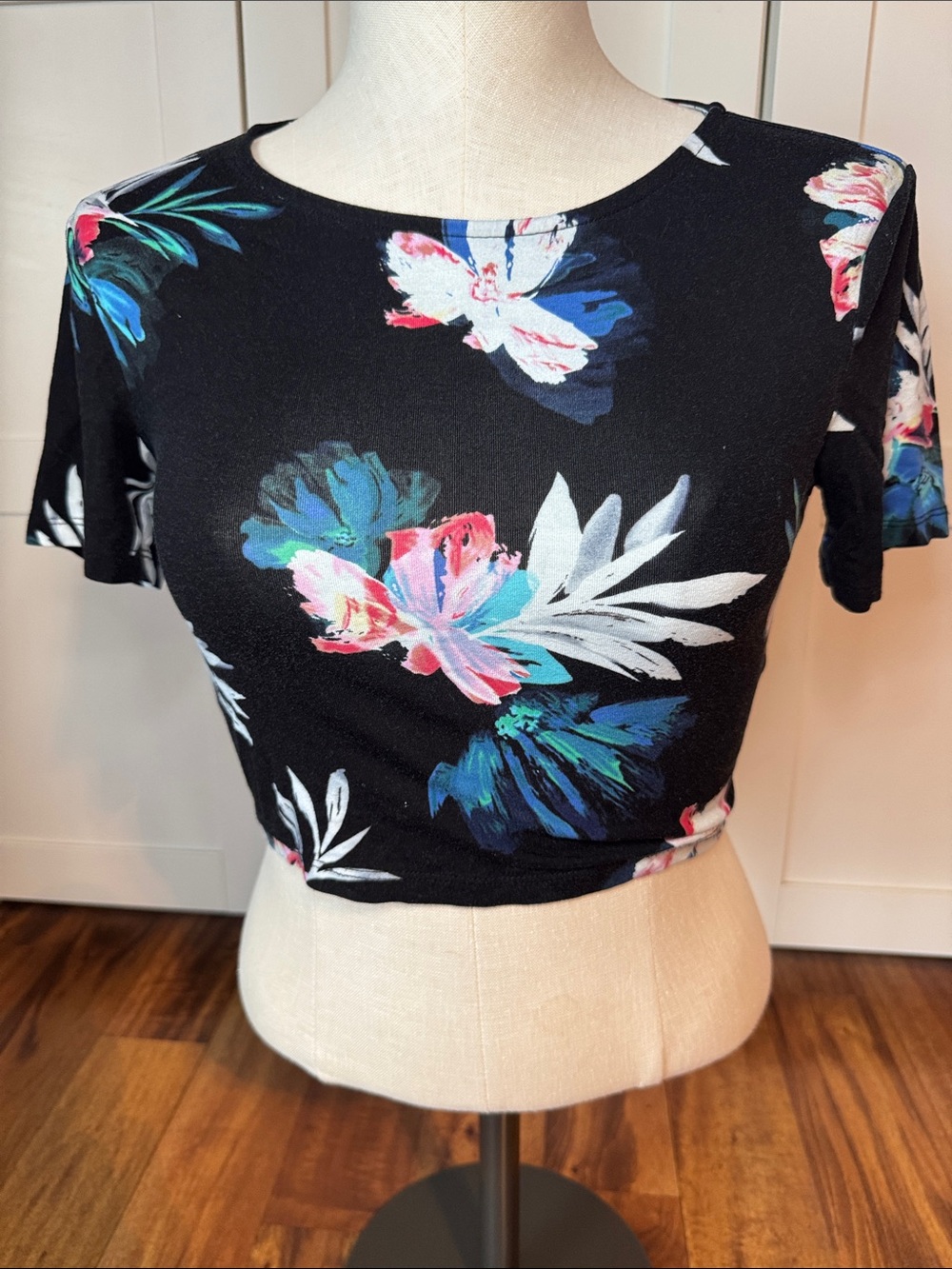 Forever 21 Black Floral Crop Top with Pink & Blue Accents